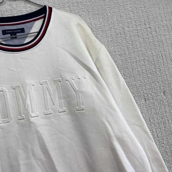 Y2K Tommy Hilfiger Sweatshirt Crew Neck Mens XXL White Embossed Spell Out Read - Picture 3 of 16
